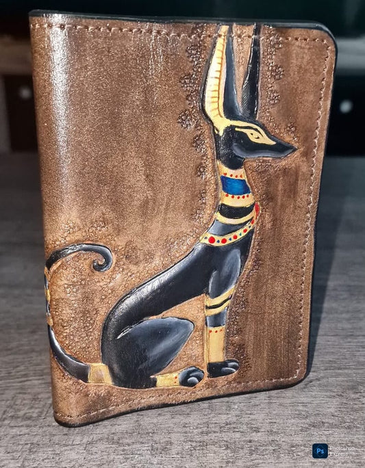handgemaakte- echt leer-paspoort dekking-zwarte farao kat